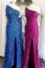 One Shoulder Blue Sequins Mermaid Long Formal Dresses