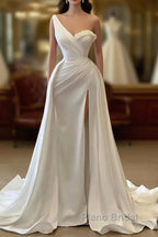 One Shoulder Charmeuse White Wedding Dresses With Beadings Sleeveless Floor Length Elegant