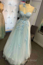 One Shoulder Flowers Lace Formal Prom Dresses Applique Sweetheart With Split