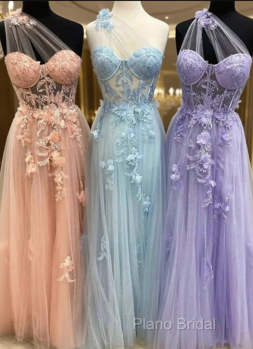 One Shoulder Flowers Lace Formal Prom Dresses Applique Sweetheart With Split Main image