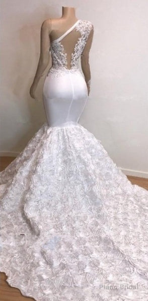 One Shoulder Lace Appliques Meramid Prom Dresses with sleeve