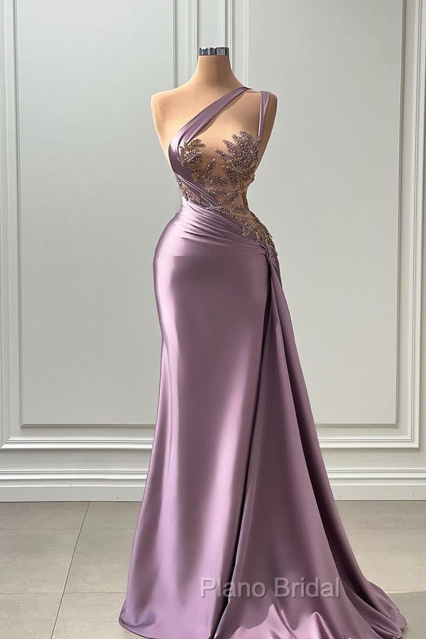 One shoulder Lavender A-line Satin Long Formal Prom Dresses Secondary image
