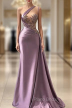One shoulder Lavender A-line Satin Long Formal Prom Dresses