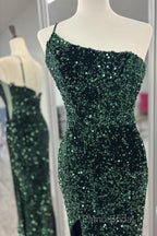 One Shoulder Long Emerald Green Formal Prom Dresses Mermaid Sequin