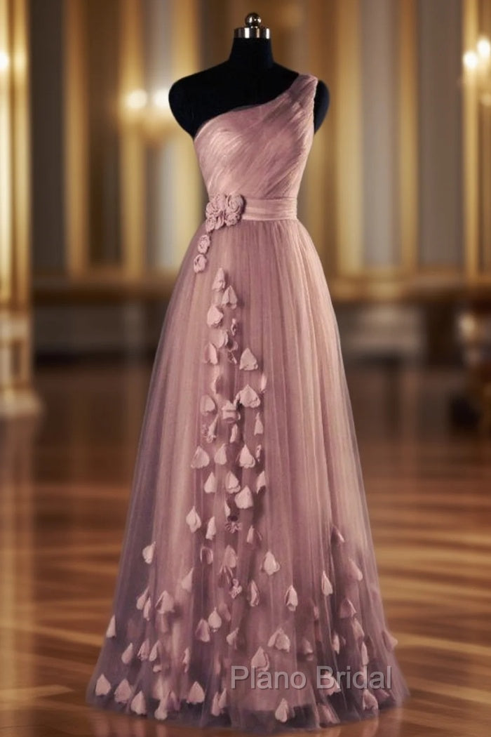 One-Shoulder Long/Floor-Length A-Line/Princess Tulle Formal Prom Dresses With Flowers Waistband