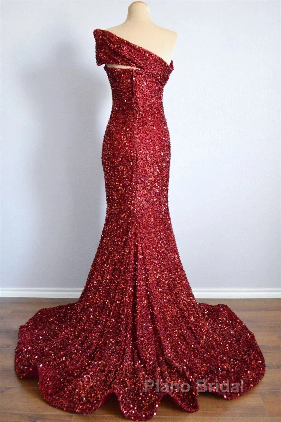 One Shoulder Long Sequins Formal Dresses Burgundy Mermaid Secondary image