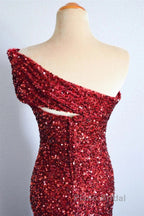 One Shoulder Long Sequins Formal Dresses Burgundy Mermaid