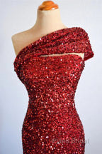 One Shoulder Long Sequins Formal Dresses Burgundy Mermaid
