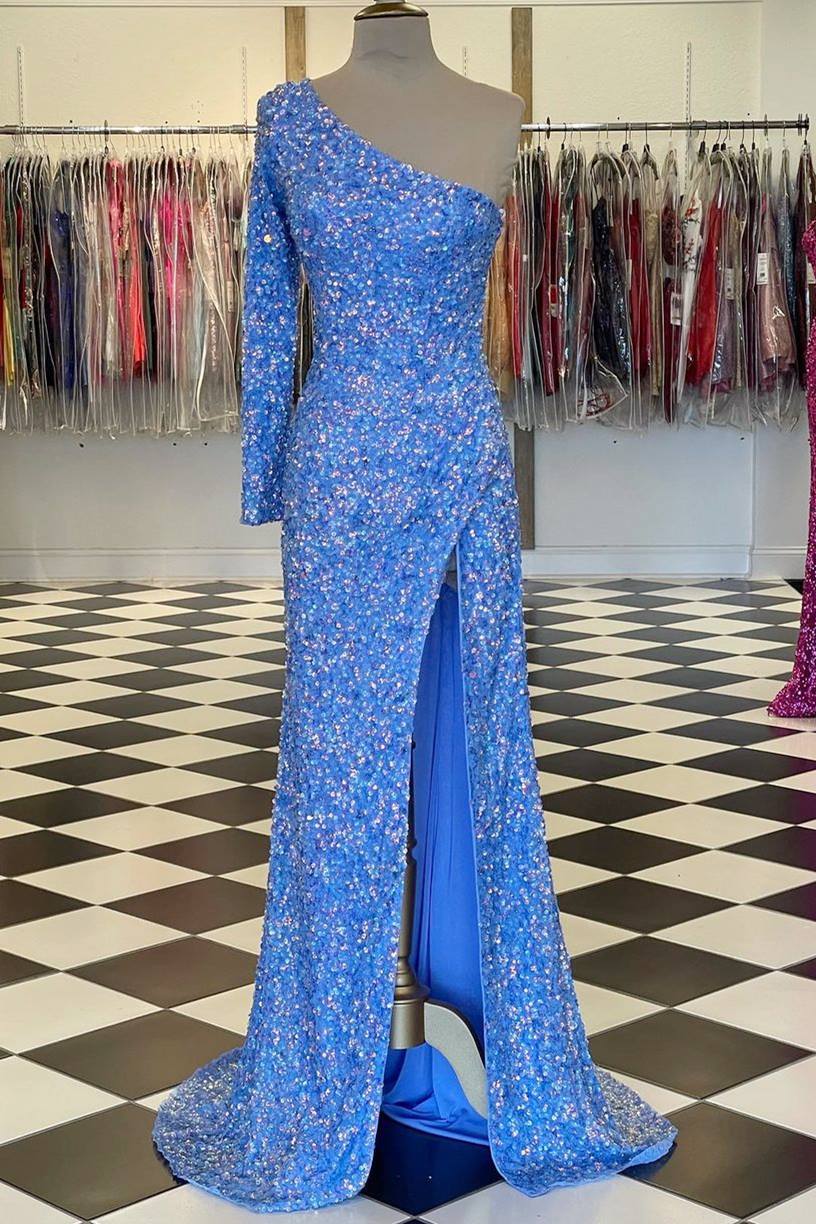 One-Shoulder Long Sleeve Tiffany Blue Sequins Long Formal Dresses