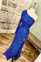 One-Shoulder Long Sleeve Tiffany Blue Sequins Long Formal Dresses