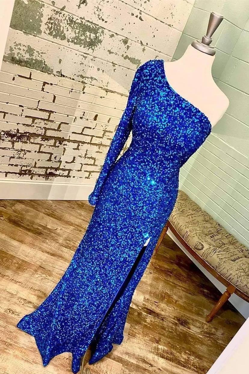 One-Shoulder Long Sleeve Tiffany Blue Sequins Long Formal Dresses