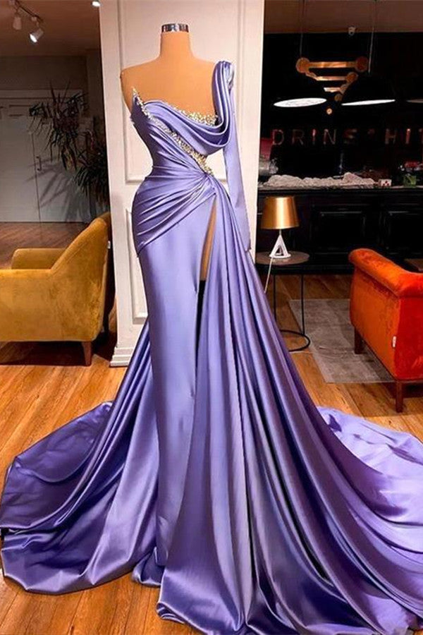 One Shoulder Long Sleeves Prom Dress Slit Mermaid Party Gowns Overskirt