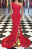 One Shoulder Mermaid Red Lace Long Formal Prom Dresses with High Slit