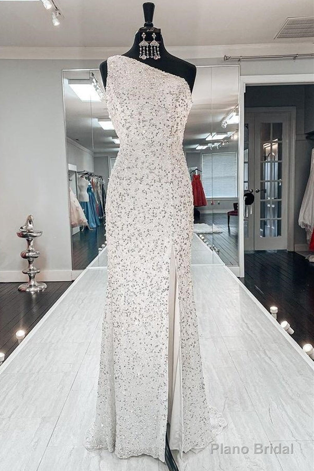 One Shoulder Mermaid Sequins Ivory Long Prom Dress, Open Back Formal Dress,Sequins Sexy Evening Dresses Main image