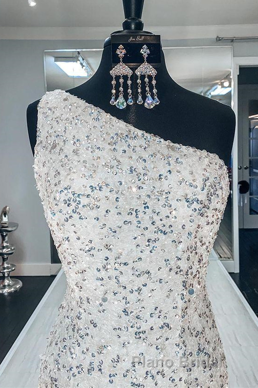 One Shoulder Mermaid Sequins Ivory Long Formal Prom Dress, Open Back Mermaid Ivory Formal Dress, Sequins Ivory Evening Dress Secondary image