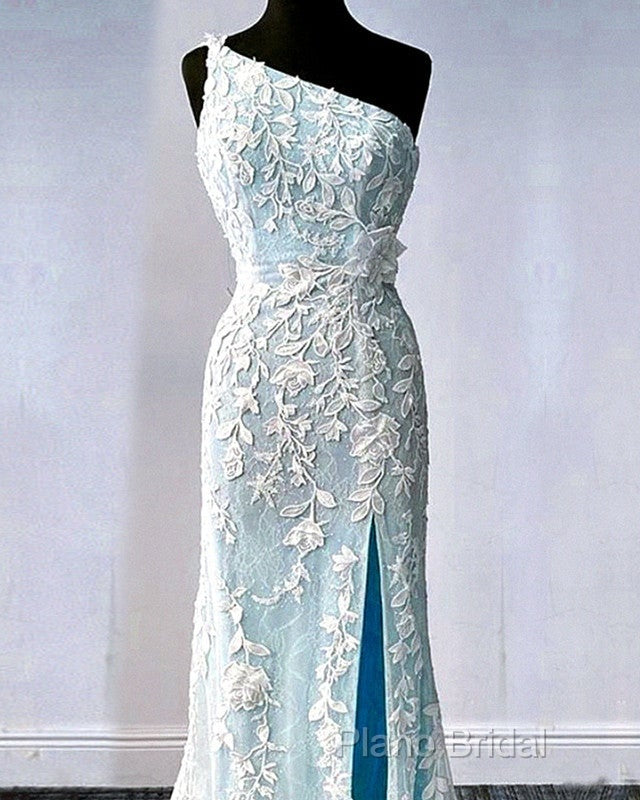 One Shoulder Mermaid Split Lace Formal Prom Dresses