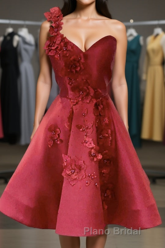 One Shoulder Open Back Burgundy Floral Short Formal Prom Dress, Wine Red Floral Formal Evening Homecoming Dress Main image