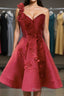 One Shoulder Open Back Burgundy Floral Short Formal Prom Dress, Wine Red Floral Formal Evening Homecoming Dress