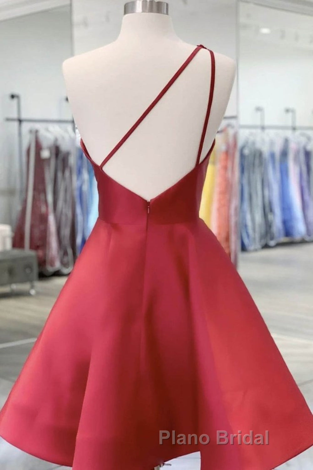 One Shoulder Open Back Burgundy Floral Short Formal Prom Dress, Wine Red Floral Formal Evening Homecoming Dress Secondary image