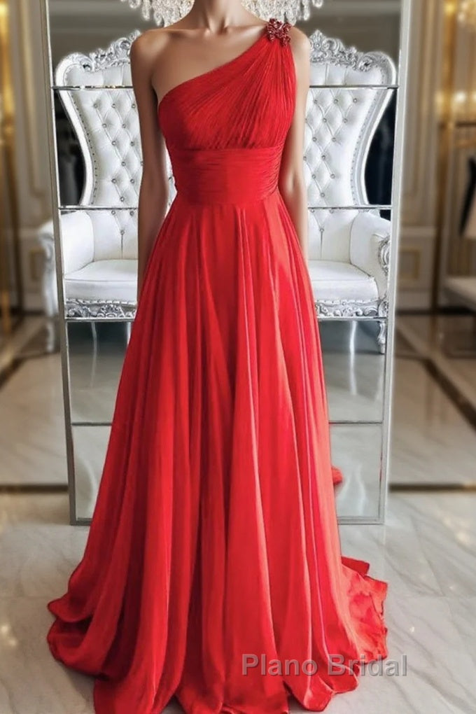 One Shoulder Open Back Red Long Formal Prom Dresses, Backless Red Formal Graduation Evening Dresses Main image