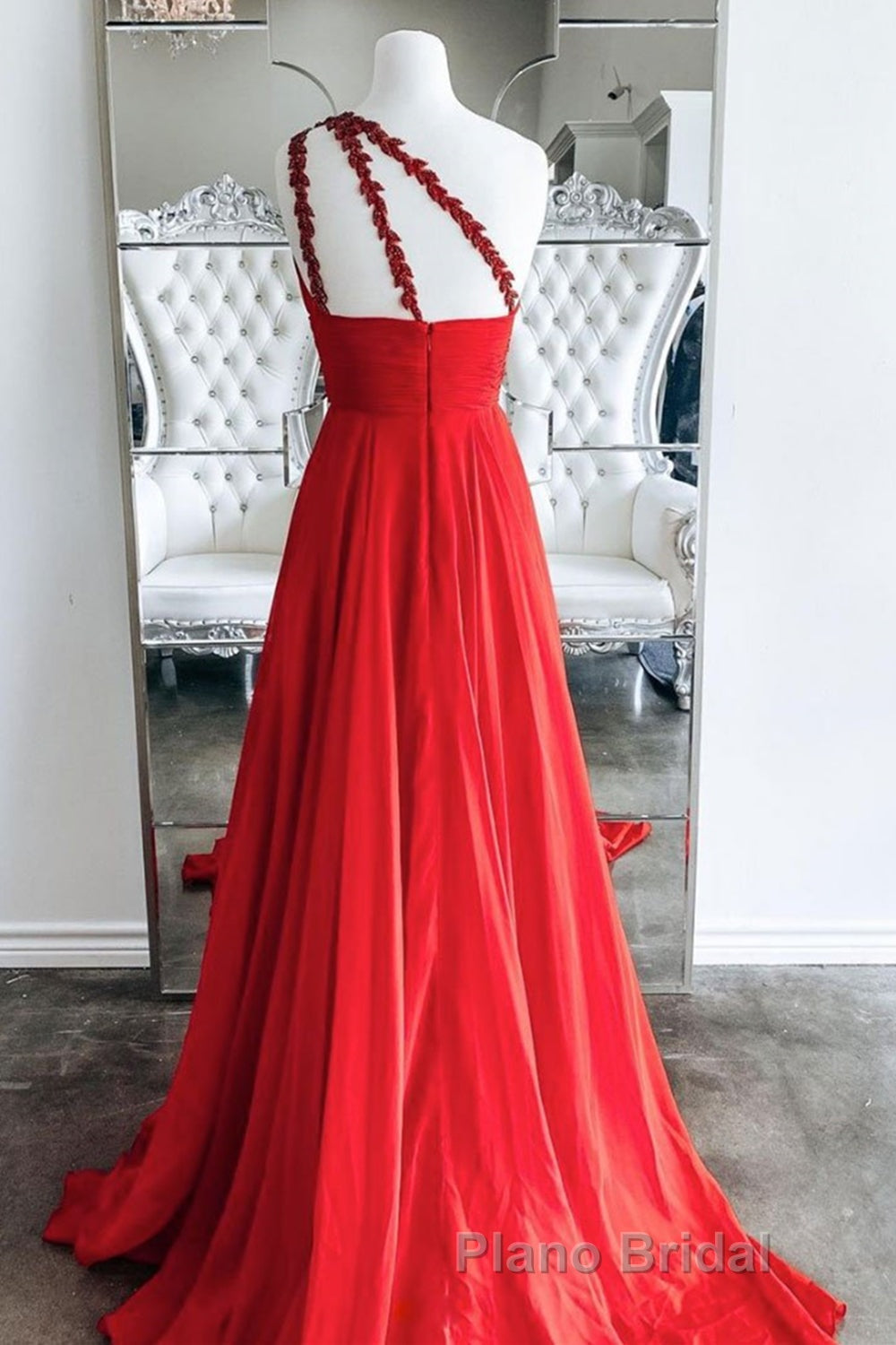 One Shoulder Open Back Red Long Formal Prom Dresses, Backless Red Formal Graduation Evening Dresses Secondary image