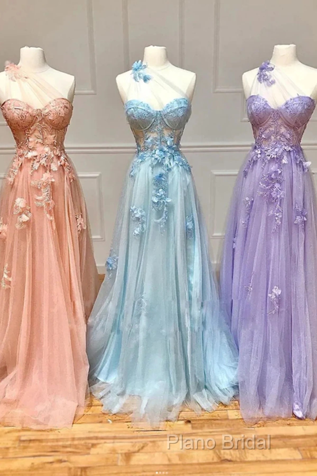 One Shoulder Pink/Blue/Purple Lace Floral Long Formal Prom Dresses Secondary image