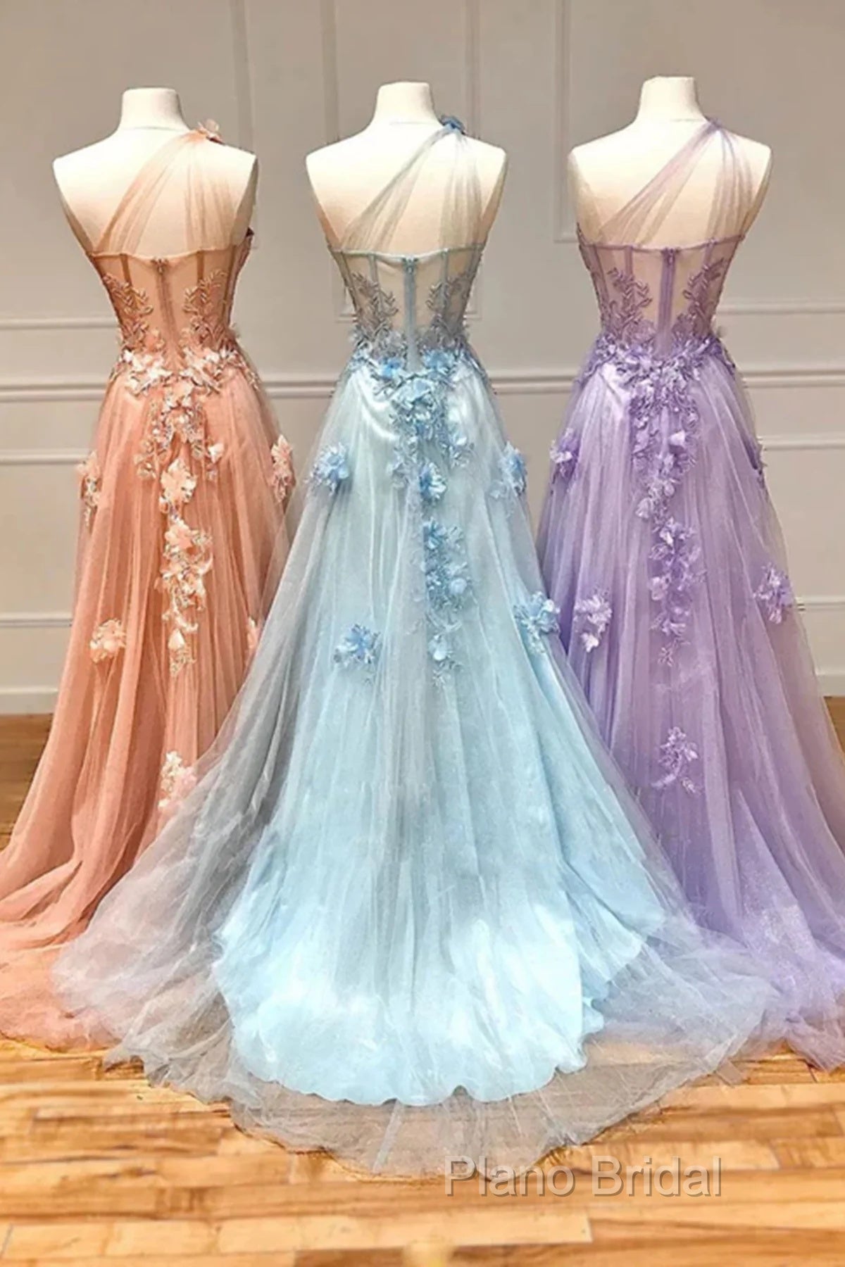 One Shoulder Pink/Blue/Purple Lace Floral Long Formal Prom Dresses