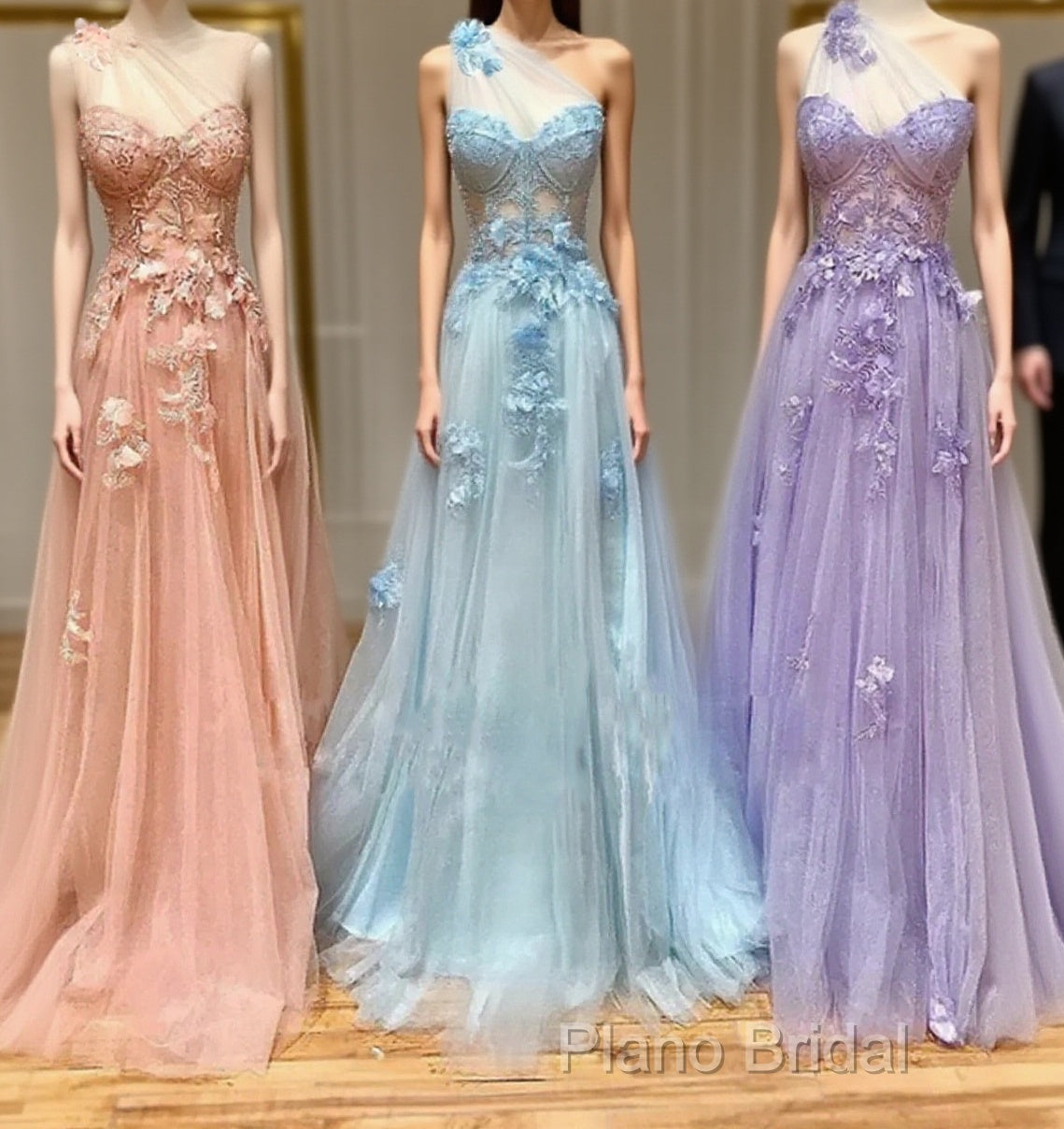 One Shoulder Pink/Blue/Purple Lace Floral Long Formal Prom Dresses Main image