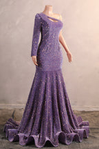 One Shoulder Purple Prom Dresses Sequin Mermaid Long Evening Formal Dresses