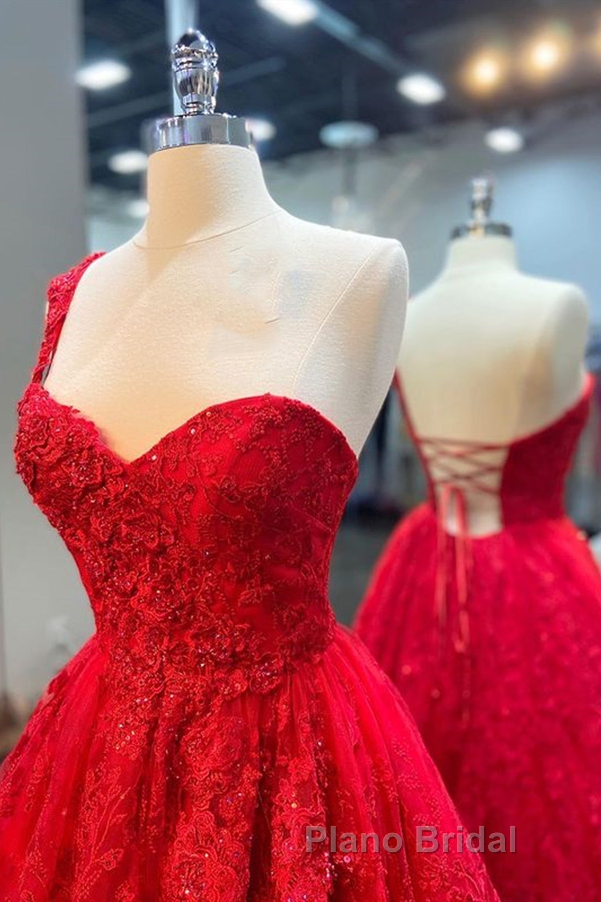 One Shoulder Red Lace Formal Prom Dresses, One Shoulder Red Lace Formal Evening Dresses Main image