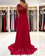 One Shoulder Red Prom Dress Floor Length Sleeveless Maxi Dress With Front Slit