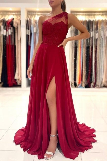 One Shoulder Red Prom Dress Floor Length Sleeveless Maxi Dress With Front Slit Main image