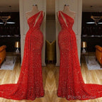 One Shoulder Red Prom Dress Sequins Long On Sale