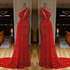 One Shoulder Red Prom Dress Sequins Long On Sale