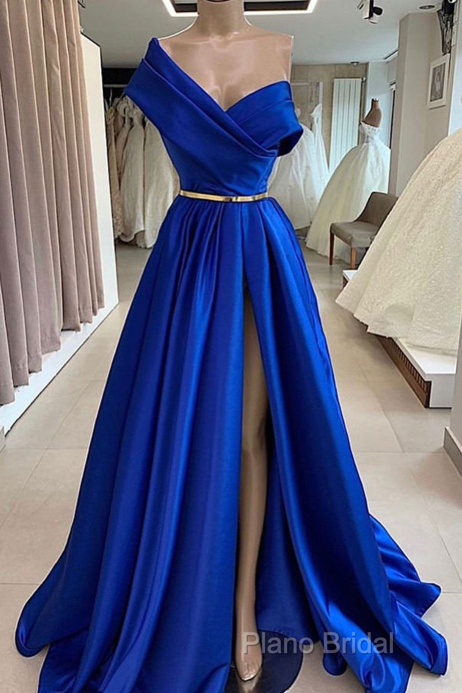 One Shoulder Royal Blue Floor Length Formal Prom Dresses With High Slit, High Slit Royal Blue Long Formal Dresses