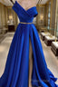 One Shoulder Royal Blue Floor Length Formal Prom Dresses With High Slit, High Slit Royal Blue Long Formal Dresses