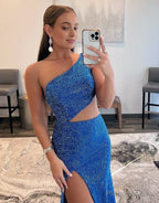 One Shoulder Royal Blue Prom Dress with Split