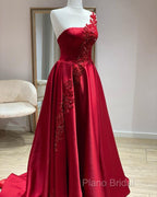 One Shoulder Satin Floor Length Formal Prom Dresses Appliques