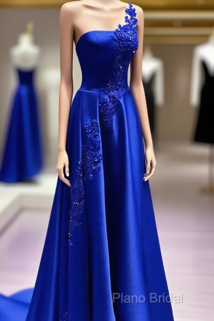 One Shoulder Satin Floor Length Formal Prom Dresses Appliques
