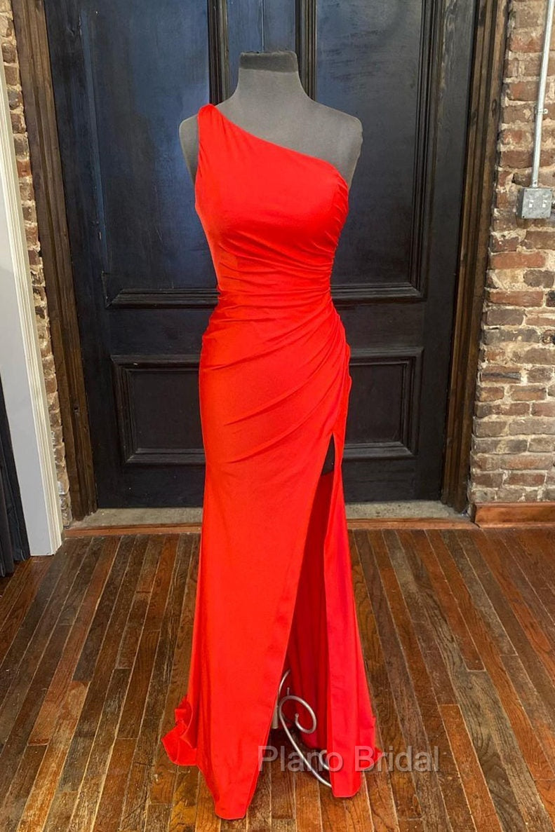 One Shoulder Satin Formal Dresses With Slit