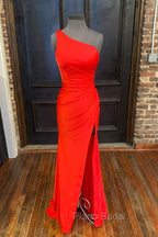 One Shoulder Satin Formal Dresses With Slit