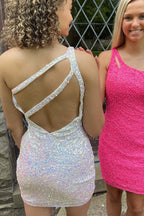 One Shoulder Sequins Bodycon Mini Dresses With Keyhole