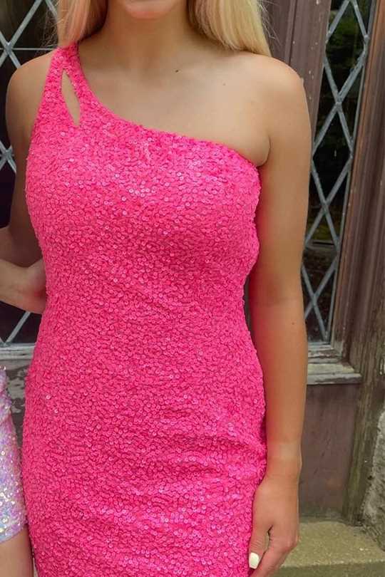 One Shoulder Sequins Bodycon Mini Dresses With Keyhole