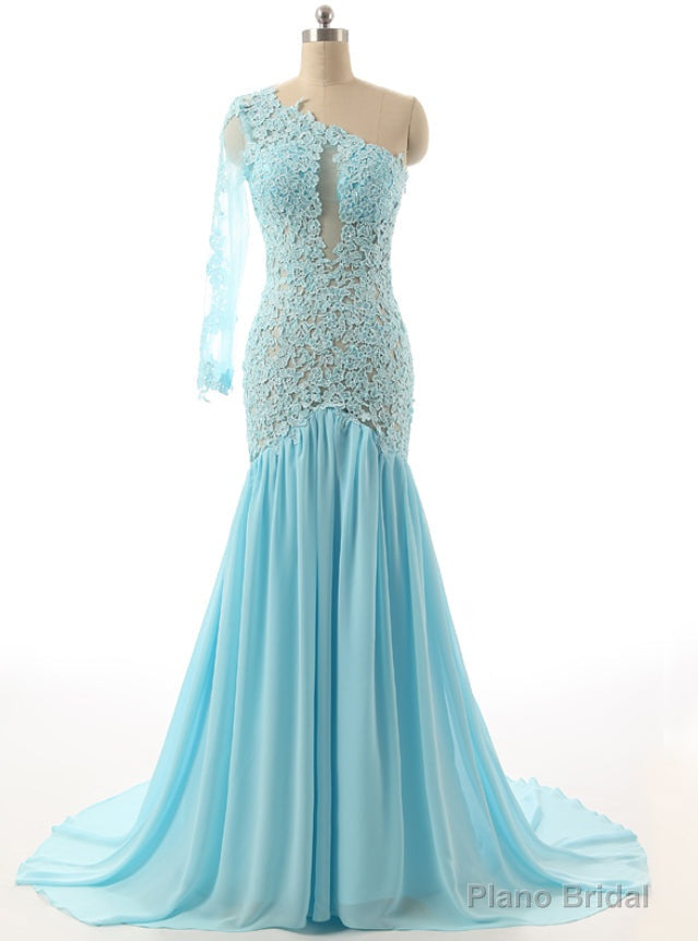 One Shoulder Sheer Back Floor Length with Train Mermaid Party Dresses Main image