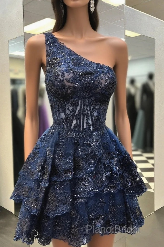 One Shoulder Short Navy Blue Lace Formal Prom Dresses, One Shoulder Short Navy Blue Formal Homecoming Dresses