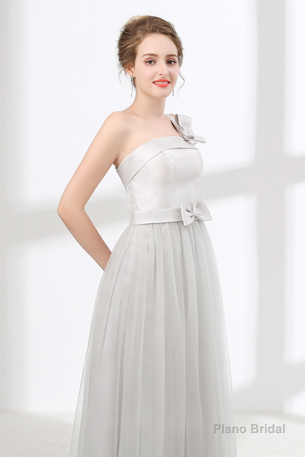 One Shoulder Soft Gray Floor Length Prom Dresses