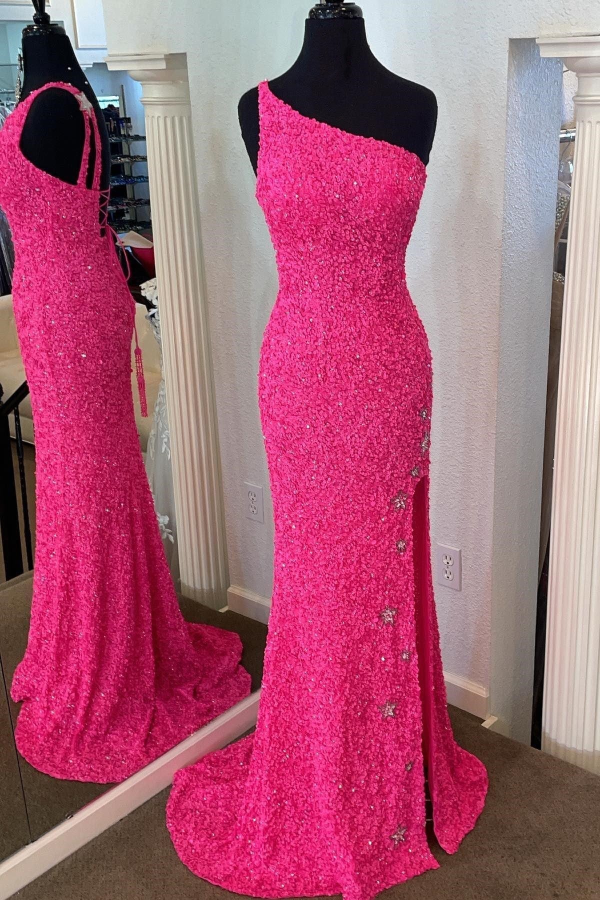 One Shoulder Stars Mermaid Sequins Formal Dresses With Slit Secondary image