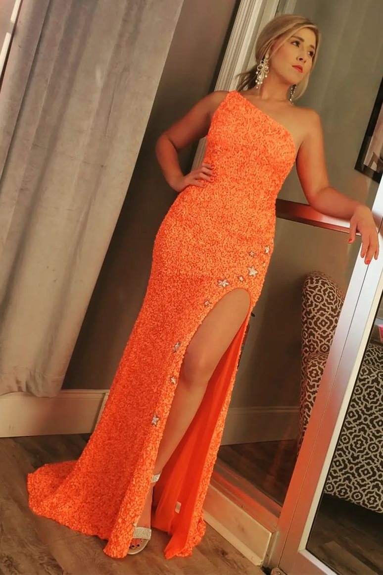 One Shoulder Stars Mermaid Sequins Formal Dresses With Slit