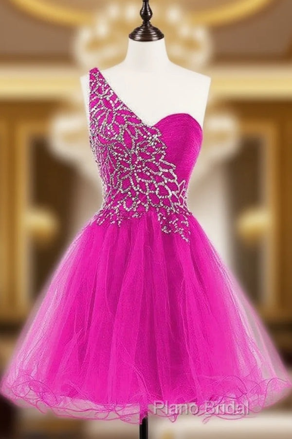 One Shoulder Tulle Homecoming Dresses Short Formal Prom Dresses With Beading Main image