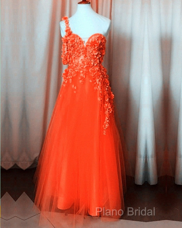 One Shoulder Tulle Formal Prom Dresses 3D Flowers